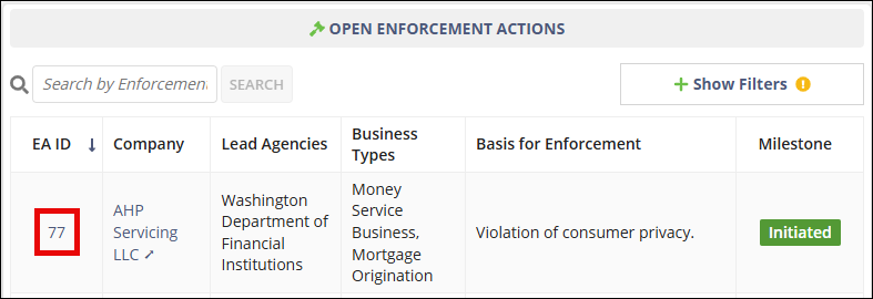 Open enforcement actions ID hyperlink screenshot