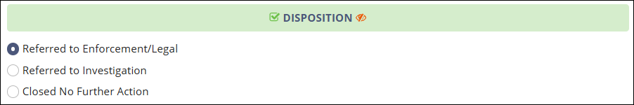 Referred to Enforcement/Legal radio button screenshot