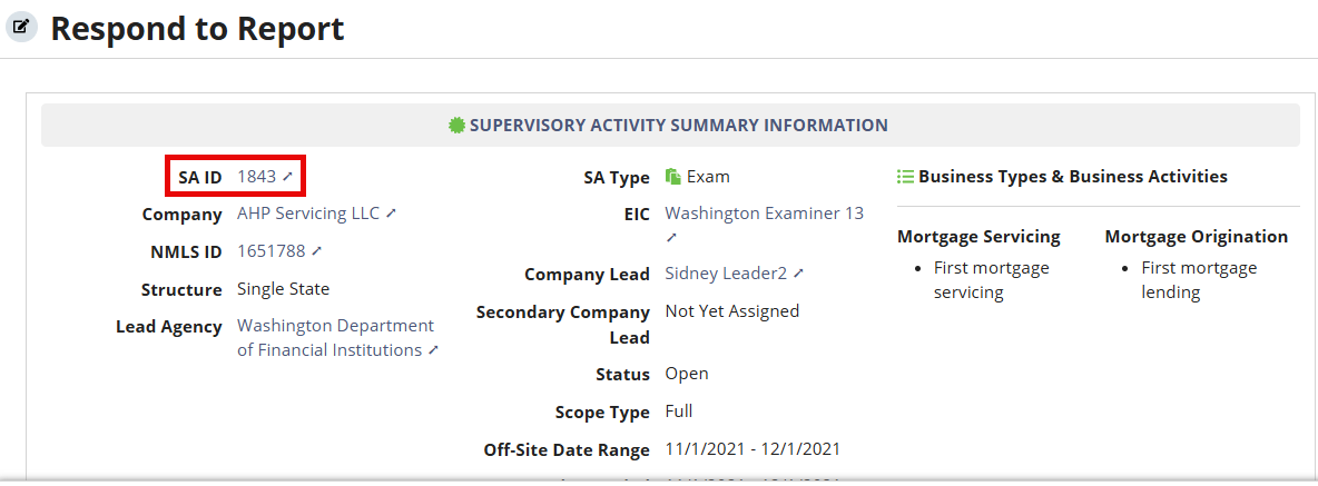 SA ID link on Respond to Report task