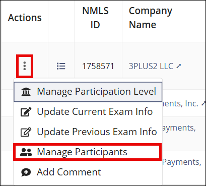Manage participants action menu option