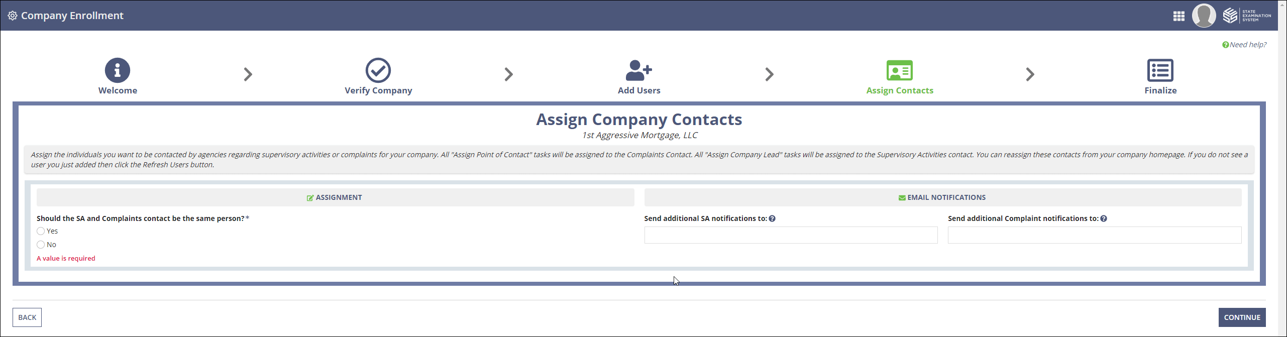Assign company contacts screen